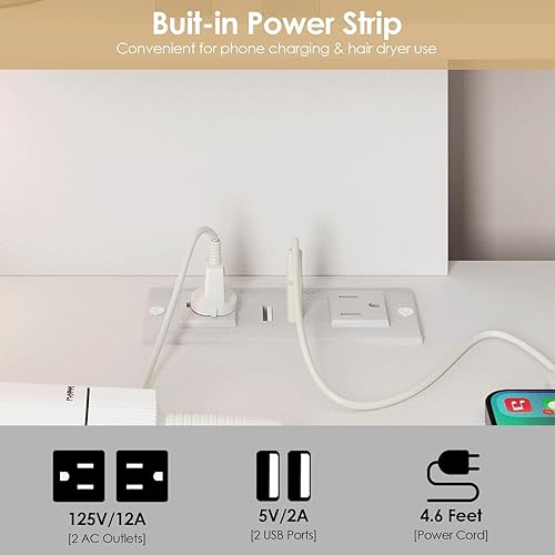 Miniatura 5 de Escritorio de esquina con espejo iluminado y tira de alimentación, mesa de maquillaje blanca, espejo de tocador de esquina de 42 pulgadas con luces