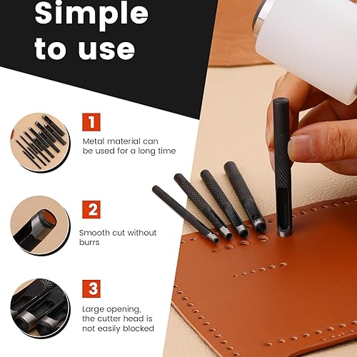 Miniatura 5 de 12 perforadores de cuero  perforador redondo de acero para manualidades, herramienta de corte para correas de reloj, cuero, cinturones, lienzo,