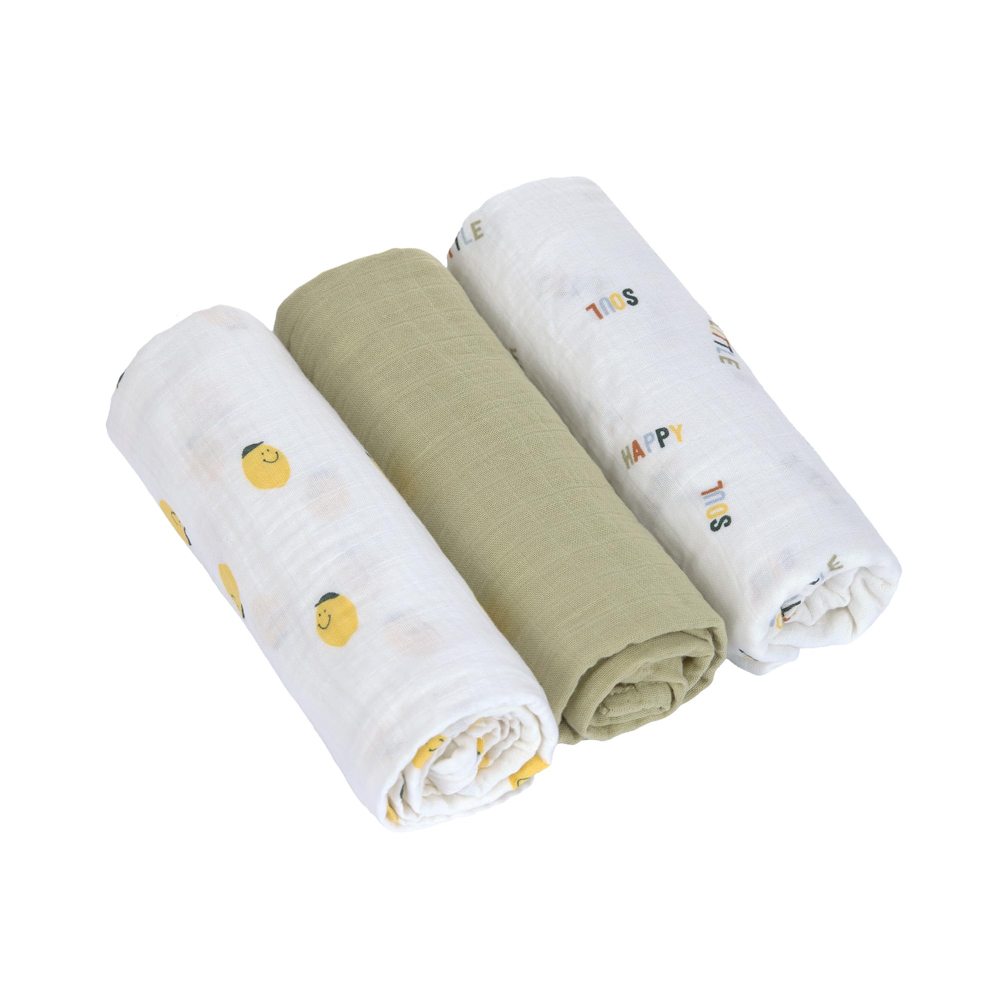 LÄSSIG Baby Puckdecke Spuckdecke Pucktuch Mulltuch 3er Set Baumwolle 85 x 85 cm/Swaddle & Burp Blanket L Happy Fruits Lemon