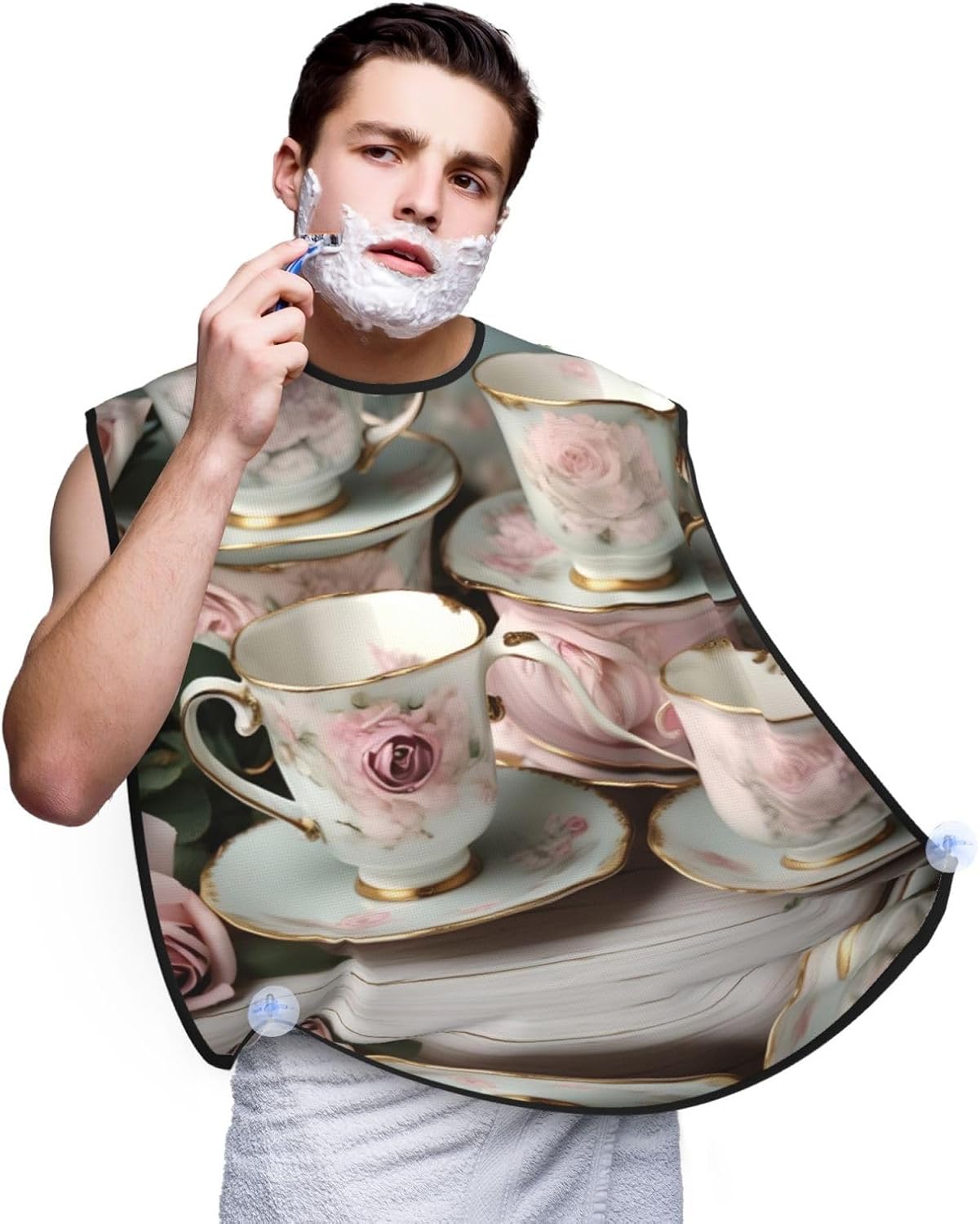 Tea Cups With Roses Romantic Print Beard Bib Apron For Men, Beard Hair Catcher For Men Shaving Trimming,Beard Cape Cloth