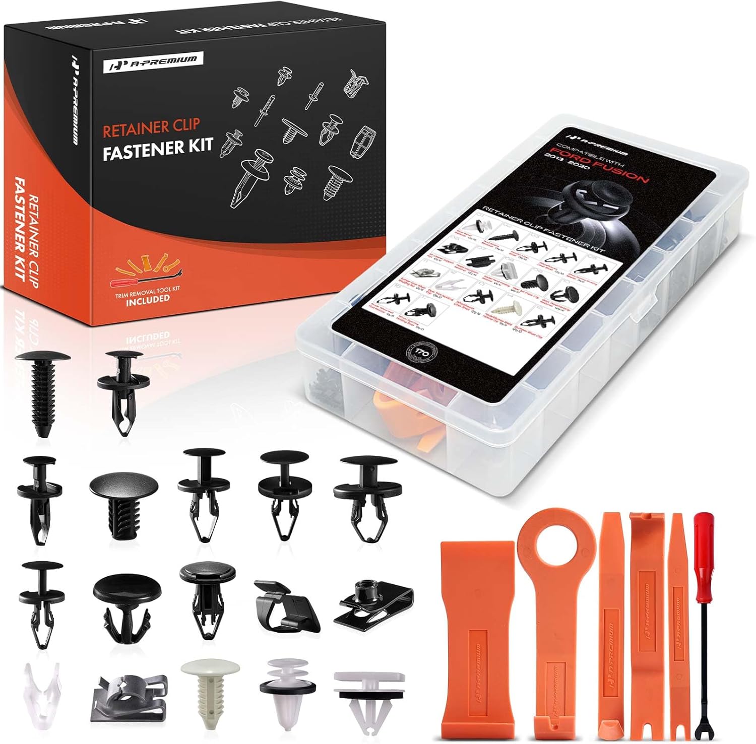 A-Premium 170 PCS 17 Sizes Car Retainer Clip Kit Compatible with Ford Fusion 2013-2020, Bumper Fender Weatherstrip Auto Push Pin Plastic Rivet Fastener Replacement Set, w/Removal Tool
