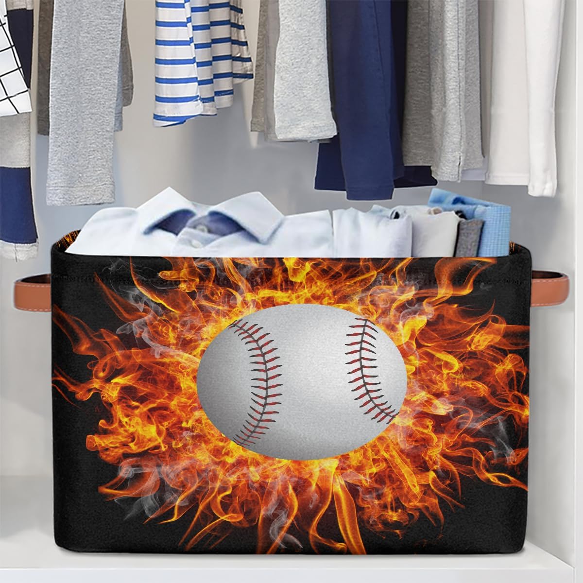 Small Storage Basket With Handles Kids Toy Baseball Fire Black Storage Bins Collapsible Fabric Cube Storage Organizer Hamper for Nursery Living Room Bedroom Shelves Clothes Toy Box Gifts