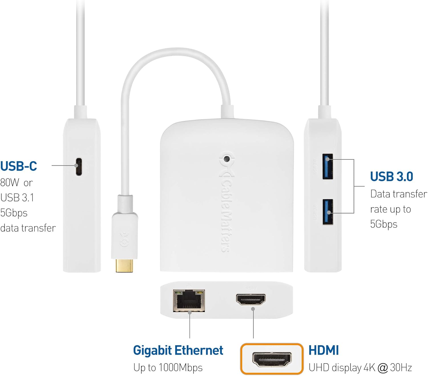 ❤ Crazy Deals Cable Matters USB C Hub with HDMI 4K, 80W Charging, Gigabit Ethernet, and 3X USB in White - USB-C and Thunderbolt 4 / USB4 / Thunderbolt 3 Port Compatible with Surface Pro7, MacBook Pro, Dell XPS