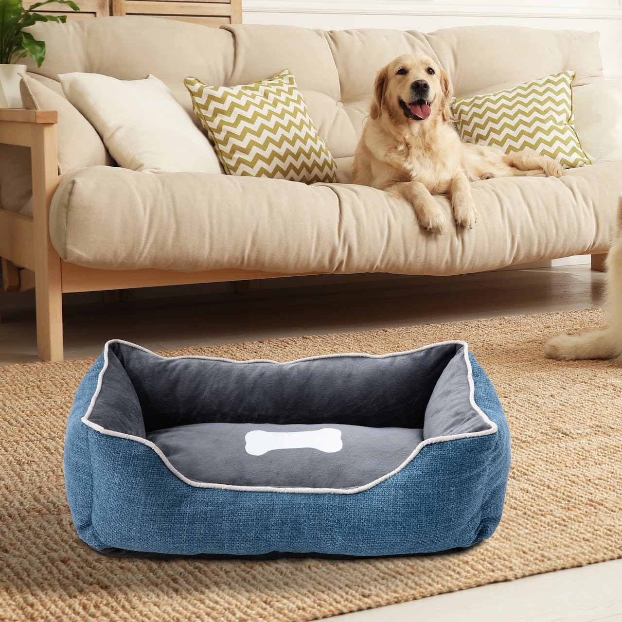 RoyalCraft Small Dog Bed with Anti-Slip Bottom, Cat Bed with Removable Washable Cover, Plush Pet Bed for Dogs and Cats, Cute Dog Pillow Bed, Calming Cat Couch Bed for Indoor, Outdoor, Blue