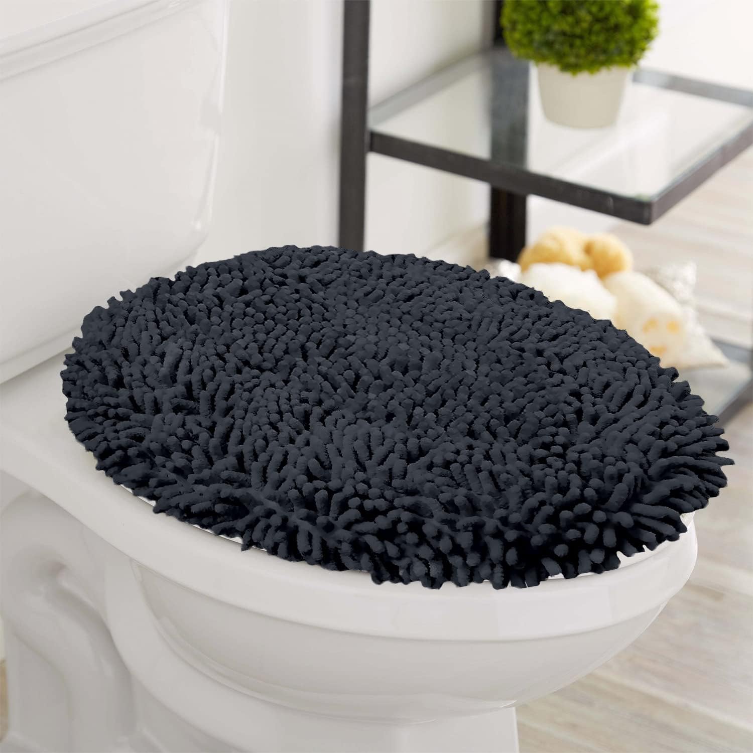 LuxUrux Charcoal Chic Bathroom Ensemble: Shaggy Absorbent Bath Mat, U-Shaped Contoured Rug, and Plush Toilet Lid Cover Set