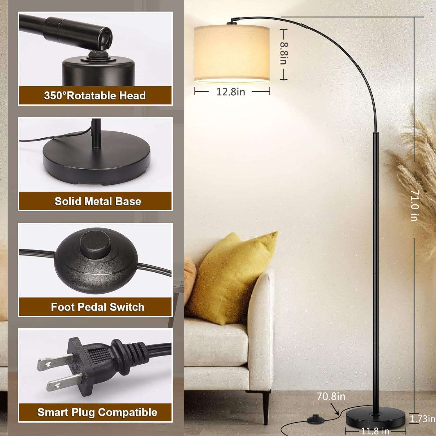 Arc Floor Lamps for Living Room,Modern Standing Lamp with 3 Color Temperature,Over Couch Arched Tall Pole Lamp with Foot Switch for Bedroom,Office,Bulb Included