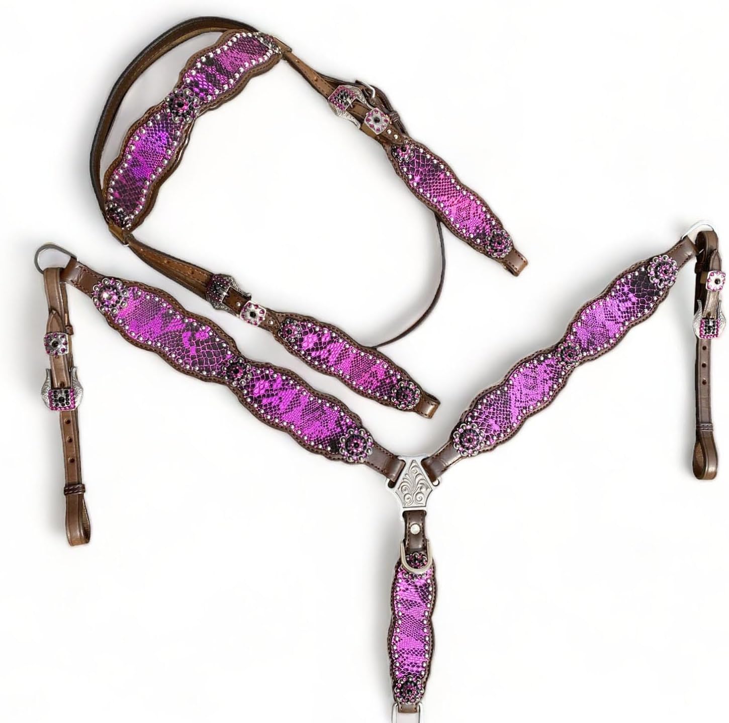 Browband Headstall for Horses Western Tack Set for The Valentine Day Cowhide Look with Rhinestone Pink Alligator Print Design, with Stone Inlays