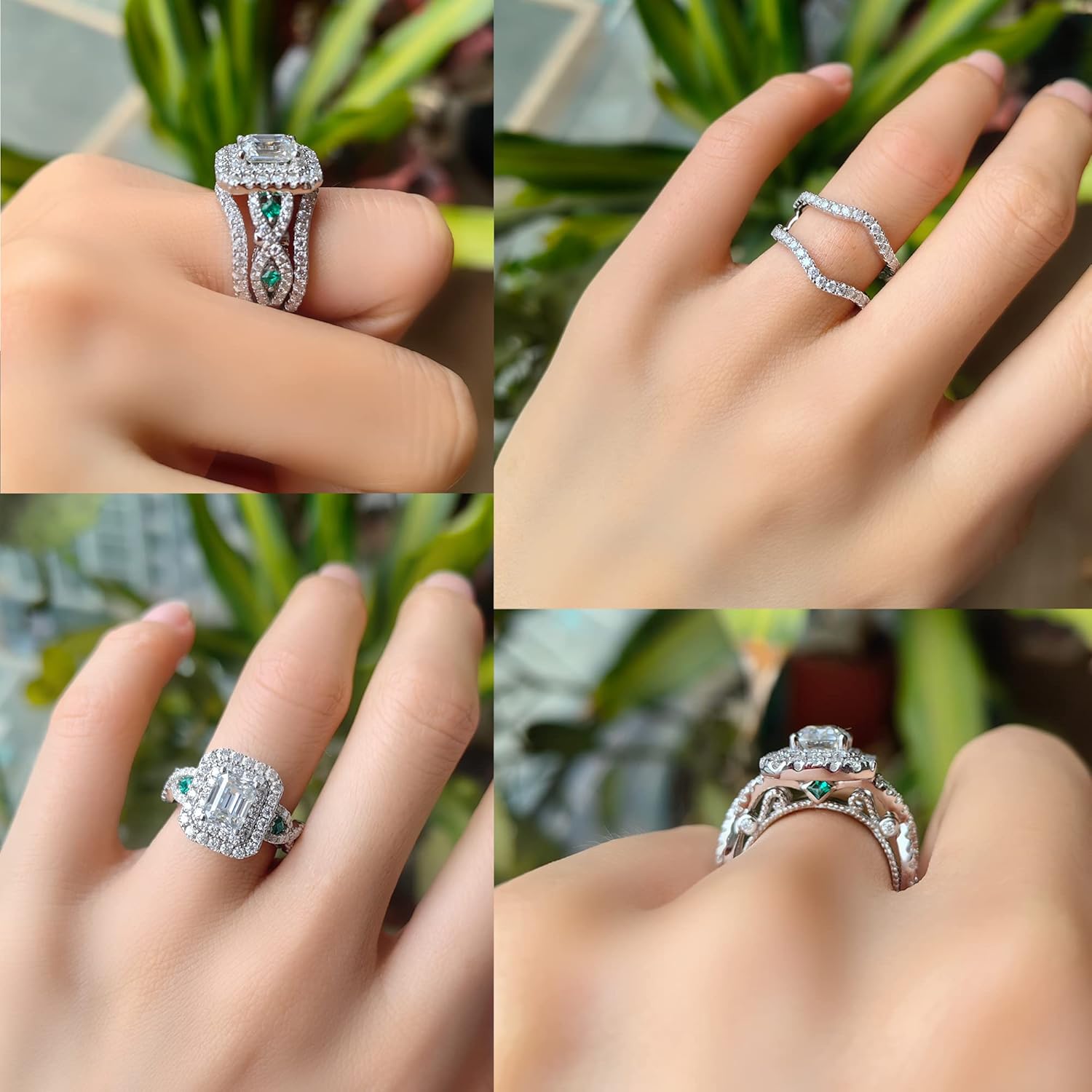 DovEggs Moissanite Enhancer Wedding Ring Set Emerald Cut Moissanite Engagement Ring Zambia Emerald 4.3ct 6x8mm FGH Color Antqiue Double Halo Sterling Silver with 18K White Gold Plated(8)