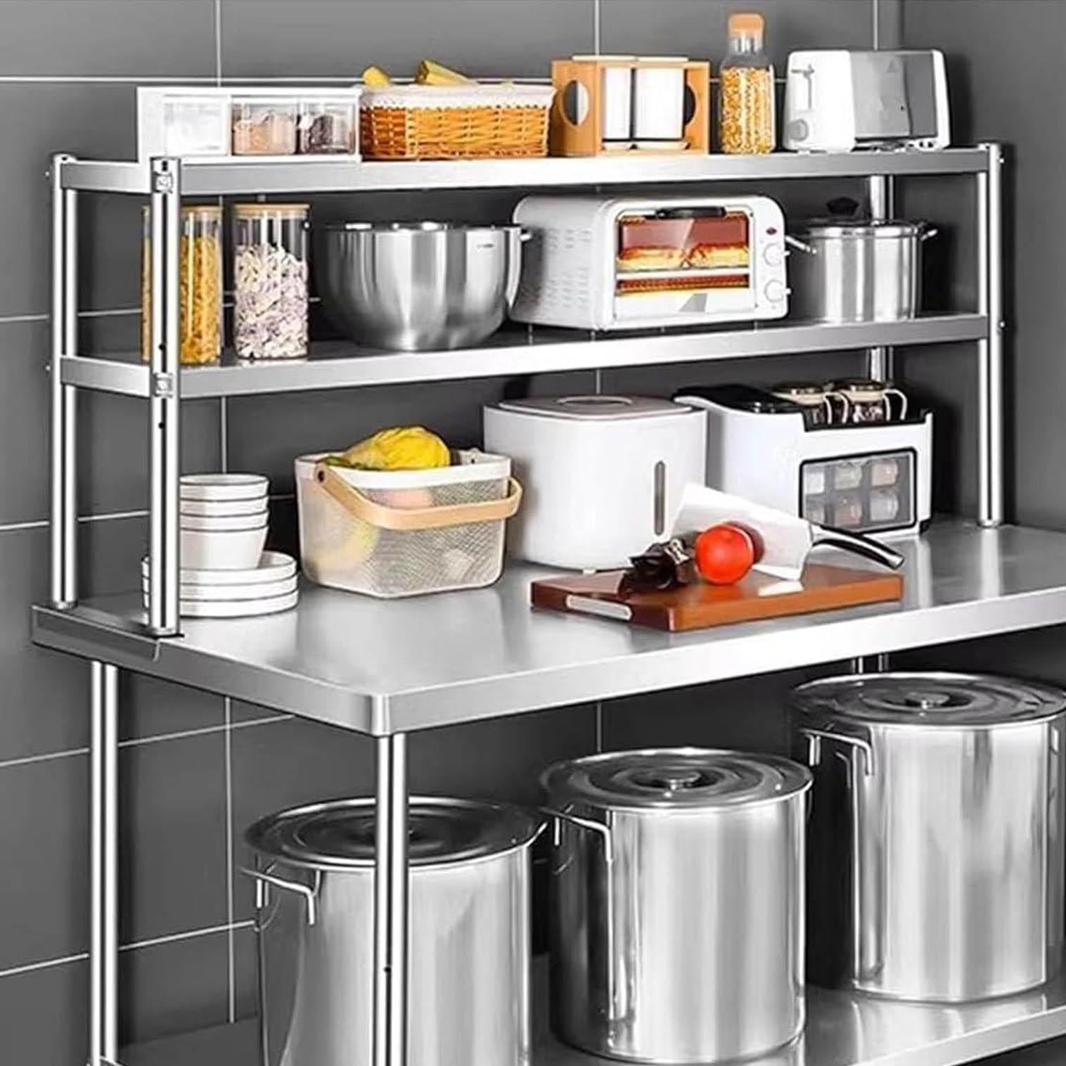 Scaffale doppio strato in acciaio inossidabile, scaffale altamente regolabile per preparare il tavolo di lavoro, 550 libbre di peso, scaffale da cucina per il ristorante,Silver-150x30x80cm