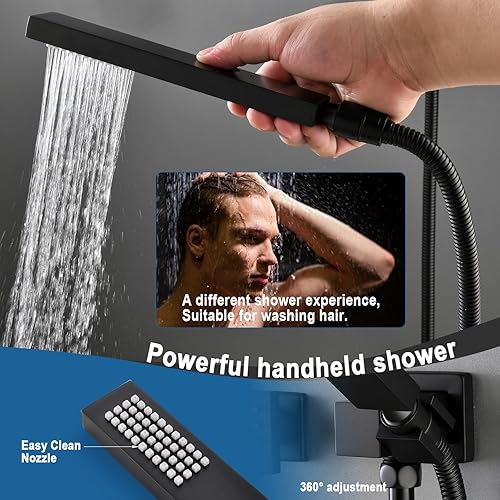 Miniatura 7 de Sistema de ducha de lluvia negro mate con chorros, sistema de ducha de lluvia de montaje en techo de 12 pulgadas y rociador de mano, juego combinado