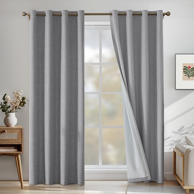 Linen 100% Blackout Curtains for Bedroom, Black Out Curtains 84 Inch Long, Room Darkening Curtains for Living Room, Long Curtain Grommets Drapes, Thermal Curtains(2 Panels, Light Grey)