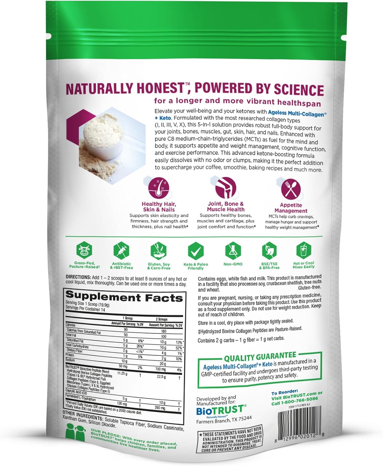 BioTrust Multi Collagen Protein Powder + Keto MCT Oil – 5 Types (I, II, III, V, X) & 100% Caprylic Acid C8 - Support Elevated Ketones, Metabolism, Joints & Beauty All in 1 Collagen Powder (Unflavored)