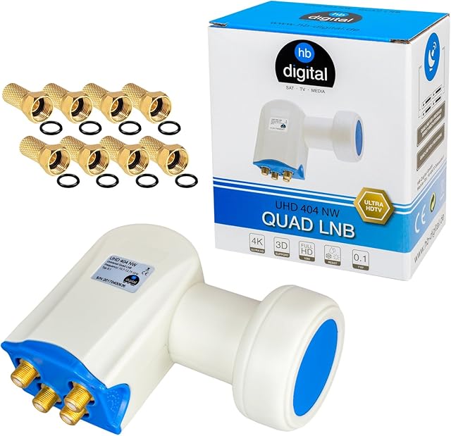 HB-DIGITAL Quad LNB LNC 4 uczestników Satellite Direct Full HD TV 3D 4K DVB-S DVB-S2 SAT Head White + styki pozłacane + ochrona przed warunkami atmosferycznymi (możliwość przedłużenia) + 8x F-Plug pozłacane