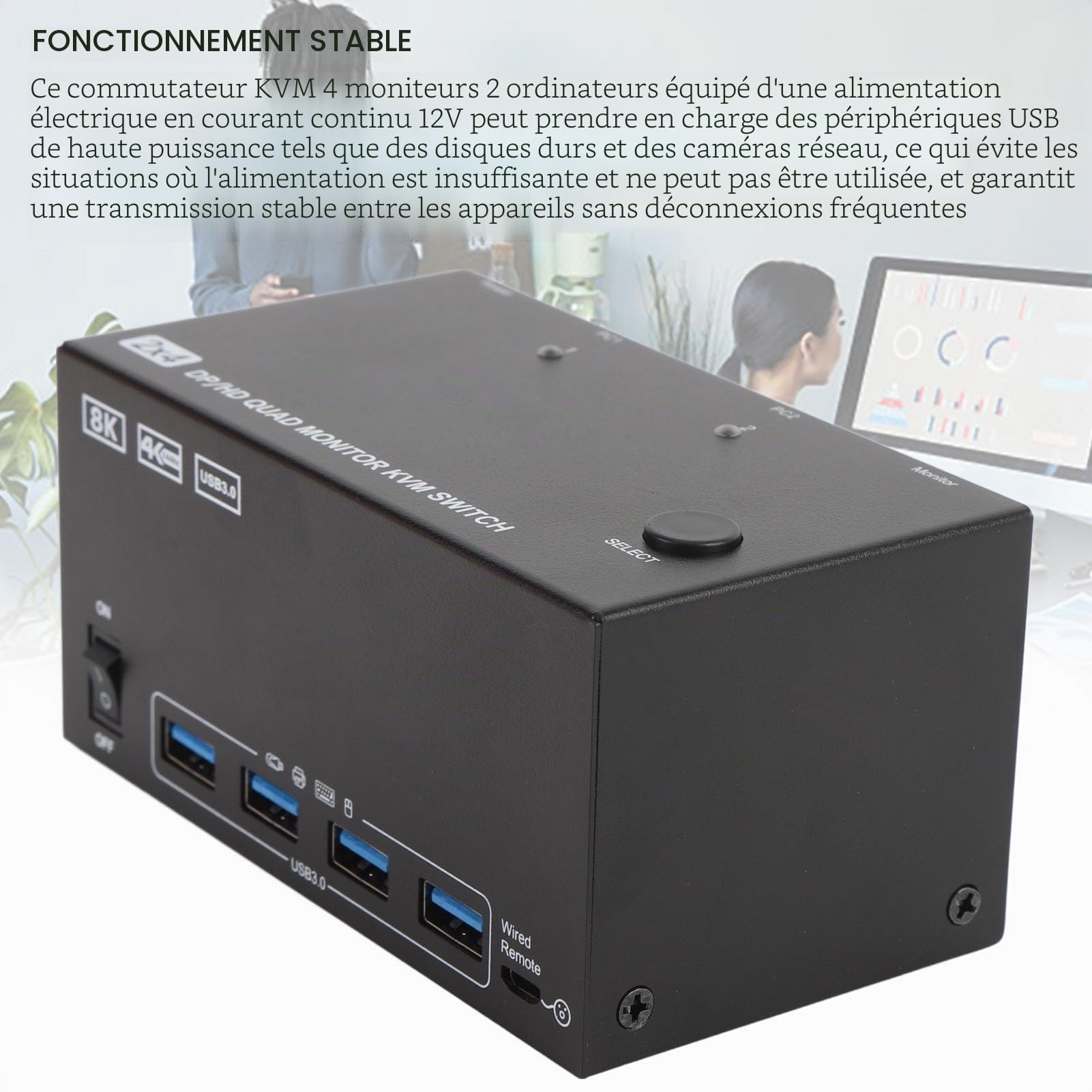 4 Moniteurs KVM Switch avec 4 Ports USB 3.0, 2 Ordinateurs HD 8K 60Hz Displayport (Prise UE)