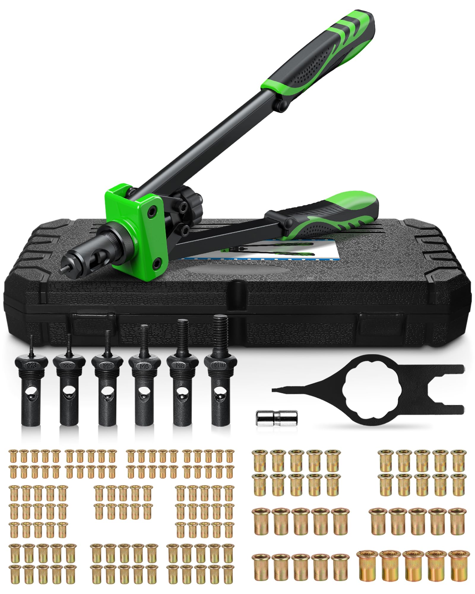 eSynic Kit de tuerca de remache manual resistente de 14 pulgadas con 6 mandriles métricos, 150 tuercas de remache