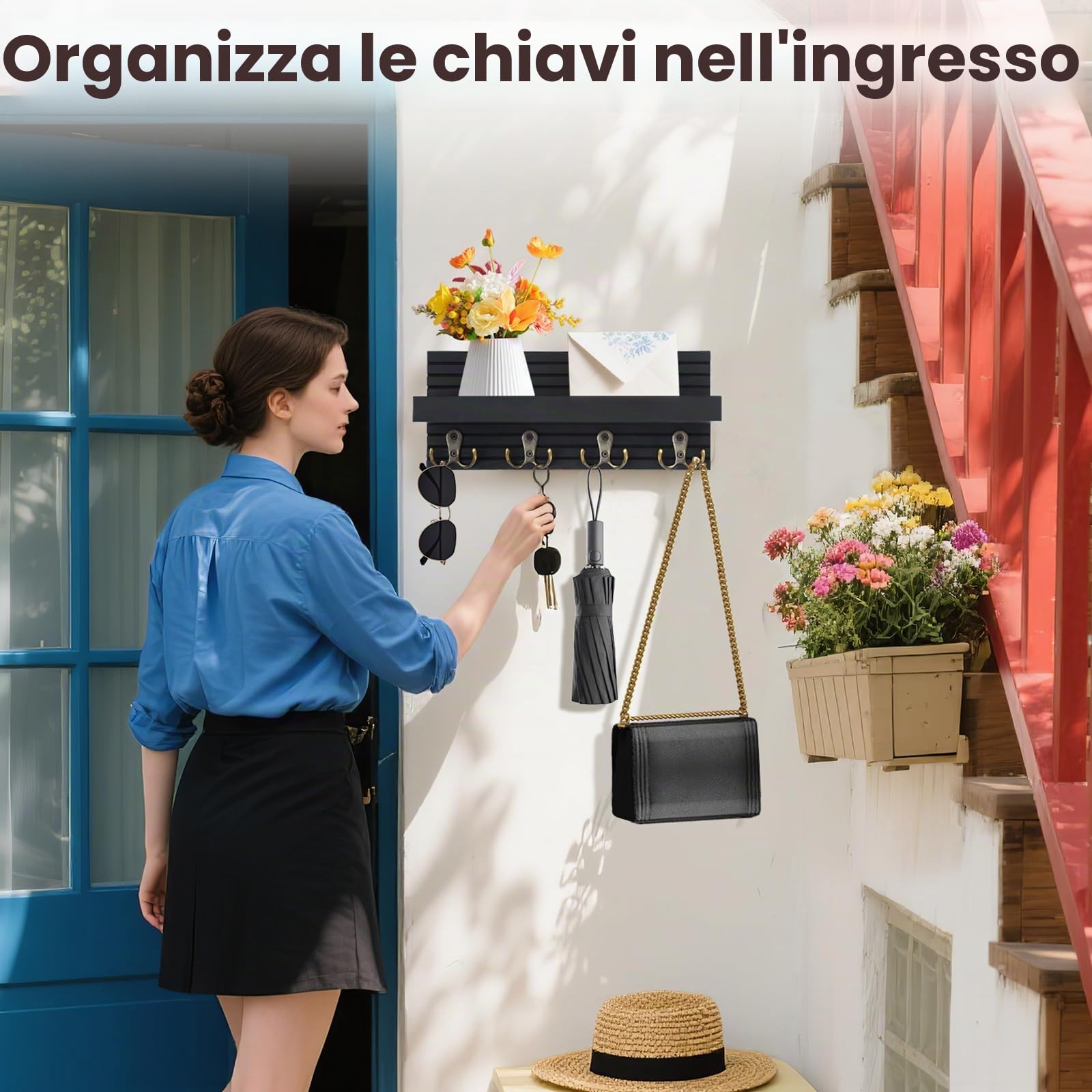 Portachiavi da Parete in Legno, Portachiavi da Muro con Ripiano, Porta Chiavi da Muro per Casa con 8 Ganci, Appendi Chiavi Home Decor, per Corridoio, Ingresso, Cucina, Bagno (Nero)