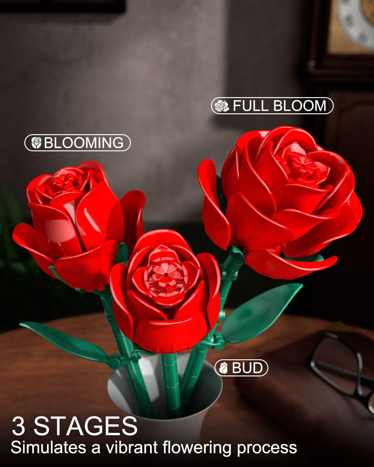 TYCOLE Red Rose Bouquet Building Set, 12 Artificial Roses Flower Building Blocks for Adult Women, Botanical Collection Home Decor Romantic Gift for Mother's Day Valentine for Adults Girls (512 PCS)