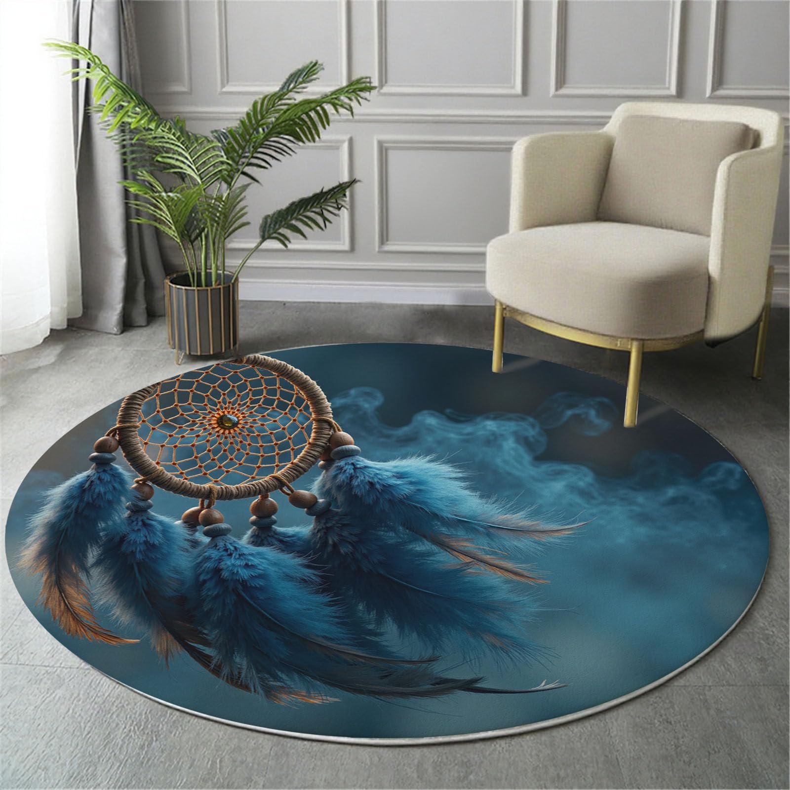 Runder Teppich Traumhaft Luxuriös mit Rauch-Traumfänger, Waschbar Rutschfester Weicher Kurzflor 100cm (Round), Rundteppich für Wohnzimmer Schlafzimmer Esszimmer Dunstblau