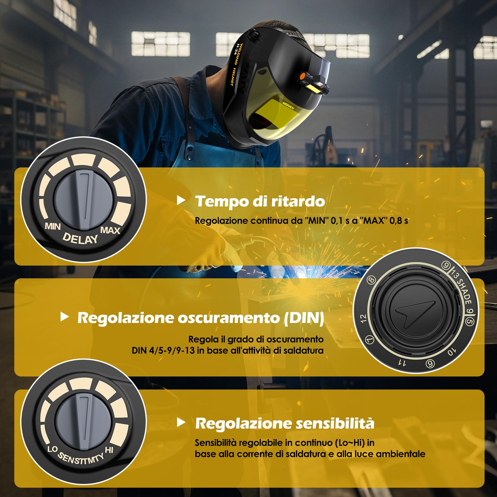Maschera Saldatura Autoscurante con Luce LED Casco Saldatura Ultra-HD True-Color 100x82mm XL - Casco Saldatore 0,1ms Solare per MIG TIG MMA & Smerigliatura DIN 4/5-9/9-13 H24