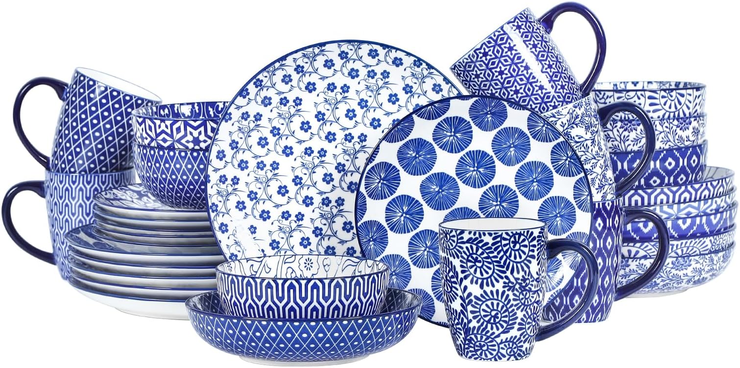 Selamica 30-Pieces Ceramic Dinnerware Sets for 6, Scratch Resistant Plates and Bowls Sets, Microwave and Dishwasher Safe, Vintage Blue A