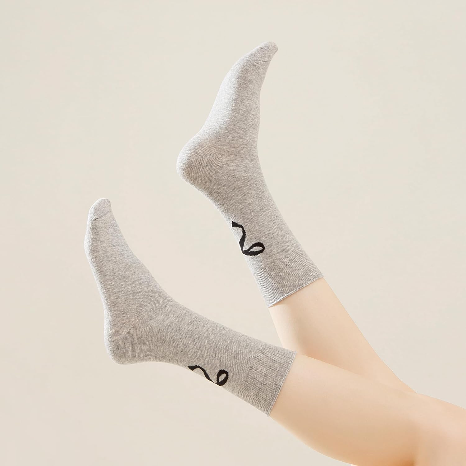 Women's Crew Socks Calf Cotton Cute Bow Pattern Campus Style Sock for Girls White Black Grey Fancy Printed Socks 5pack Size5-9 - Image 5