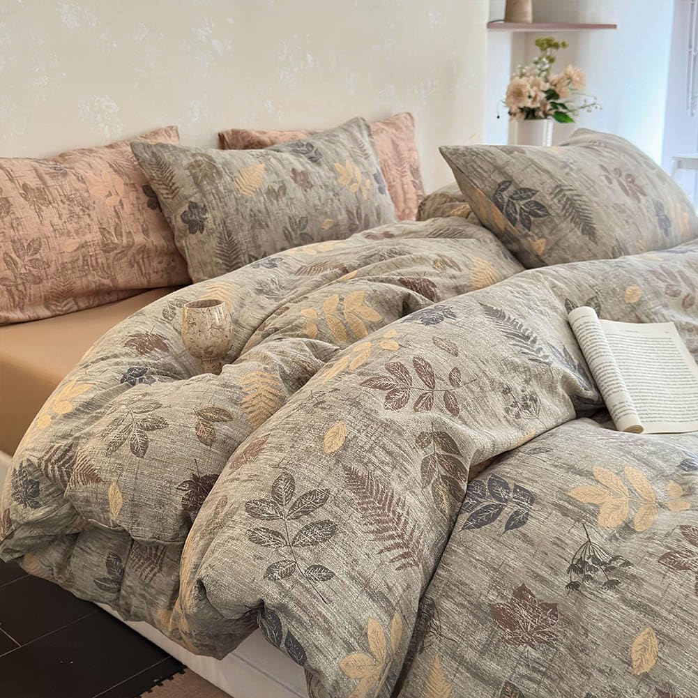 Floral Duvet Cover Queen Size, Linen Vintage Botanical Garden Bedding Set, Washed Cotton Blend Linen Feel Comforter Cover Set, Boho Flower Printed Quilt Cover with 2 Pillowcases