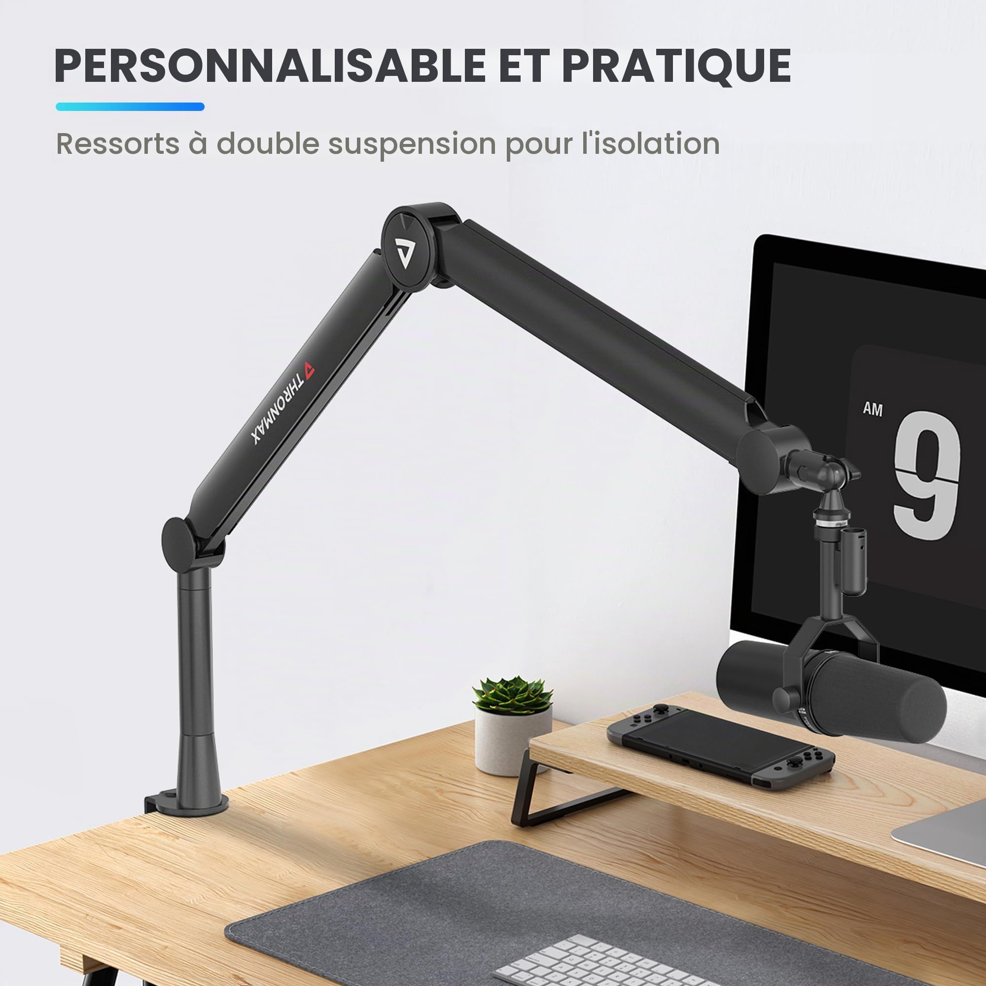 Thronmax-S8 Bras Micros, Supports pour Micros Réglable rotatif à 360 °, Pied de microphone à Ciseaux avec Câble Intégré en acier inoxydable pour Blu Yeti, 1/4“，3/8" to 5/8" Universelle