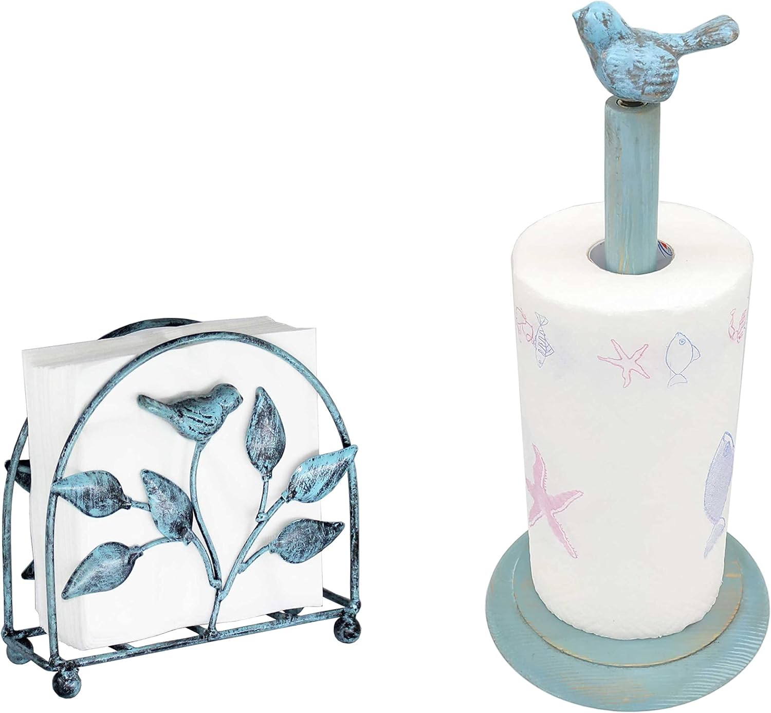 Cast Iron Bird & Tree Classic Napkin Holder & Bird Design Wood Paper Towel Holder