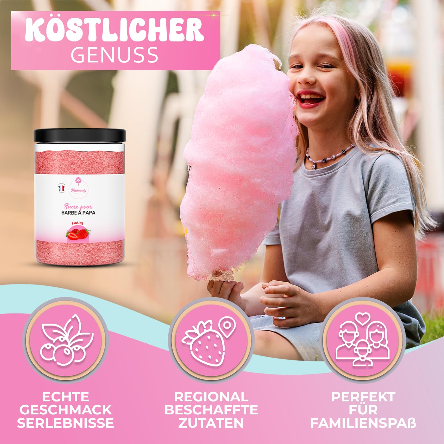 Misskandy® 6-smakowy zestaw do waty cukrowej, 72 porcje - zawiera 50 patyczków do maszyny do waty cukrowej - smaki obejmują colę, wanilię, truskawkę, jagodę, cytrynę i jabłko