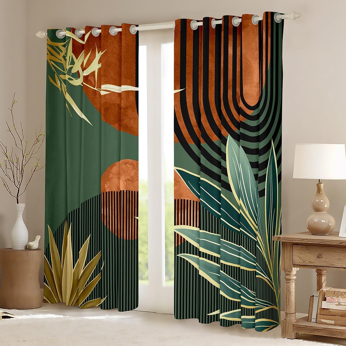 Erosebridal Mid Century Curtains 42" W x 63" L Vintage Bohemian Blackout Curtains,Modern Minimalist Window Curtain & Drapes Abstract Geometric Stripes Art Window Treatments,Green Orange
