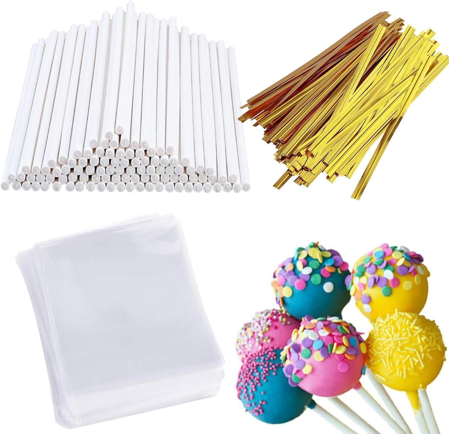 300Pcs Cake Pop Sticks and Wrappers, Including 100Pcs 6-inch Lollipop Sticks | Parcel Bags | Gold Twist Ties for Making Candies, Chocolates and Cookies (Gold Twist Tie, 300Pcs)
