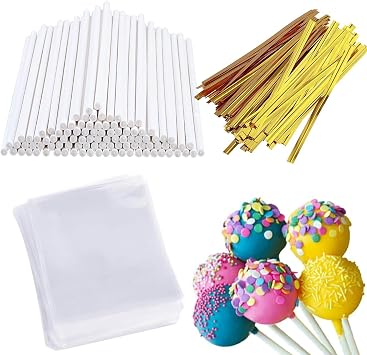 300Pcs Cake Pop Sticks and Wrappers, Including 100Pcs 6-inch Lollipop Sticks | Parcel Bags | Gold Twist Ties for Making Candies, Chocolates and Cookies Gold Twist Tie, 300Pcs