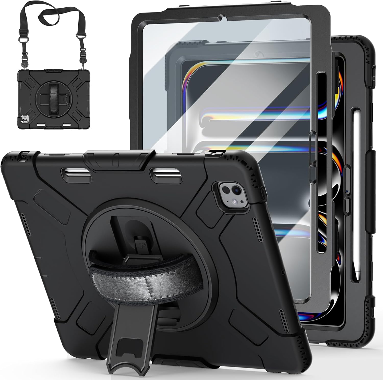 Case for iPad Pro 13 Inch 7th Generation 2024: Military Grade Cover for iPad Pro 13" (M4) W/Screen Protector - Stand - Handle - Shoulder Strap - Pencil Holder- Black