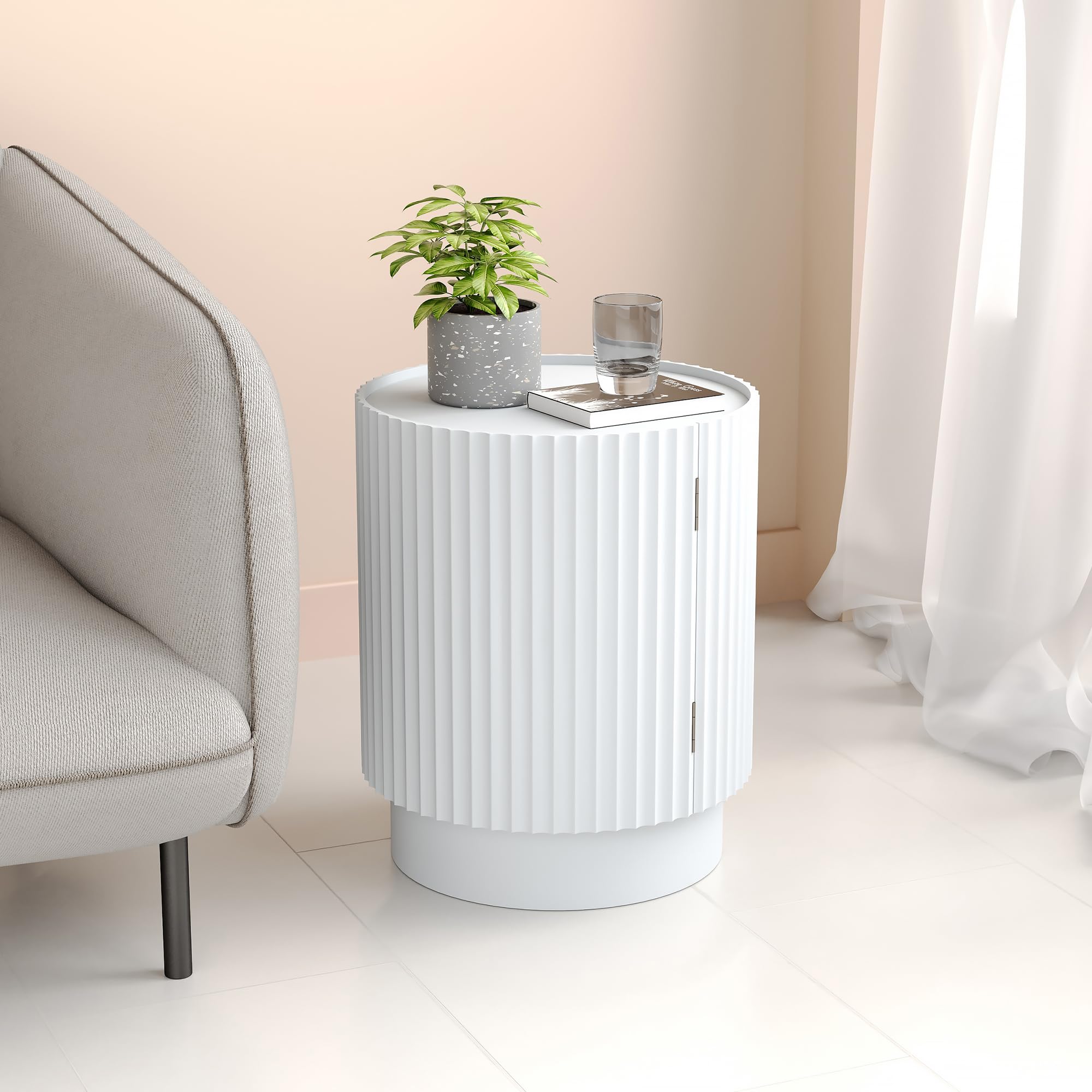 [en.casa] Tavolino Rotondo ad Anta e 2 Scomparti Tavolo Basso da Divano Comodino con Ripiano Interno per Salotto Soggiorno Camera da Letto Ingresso 49 x Ø40 cm - Bianco