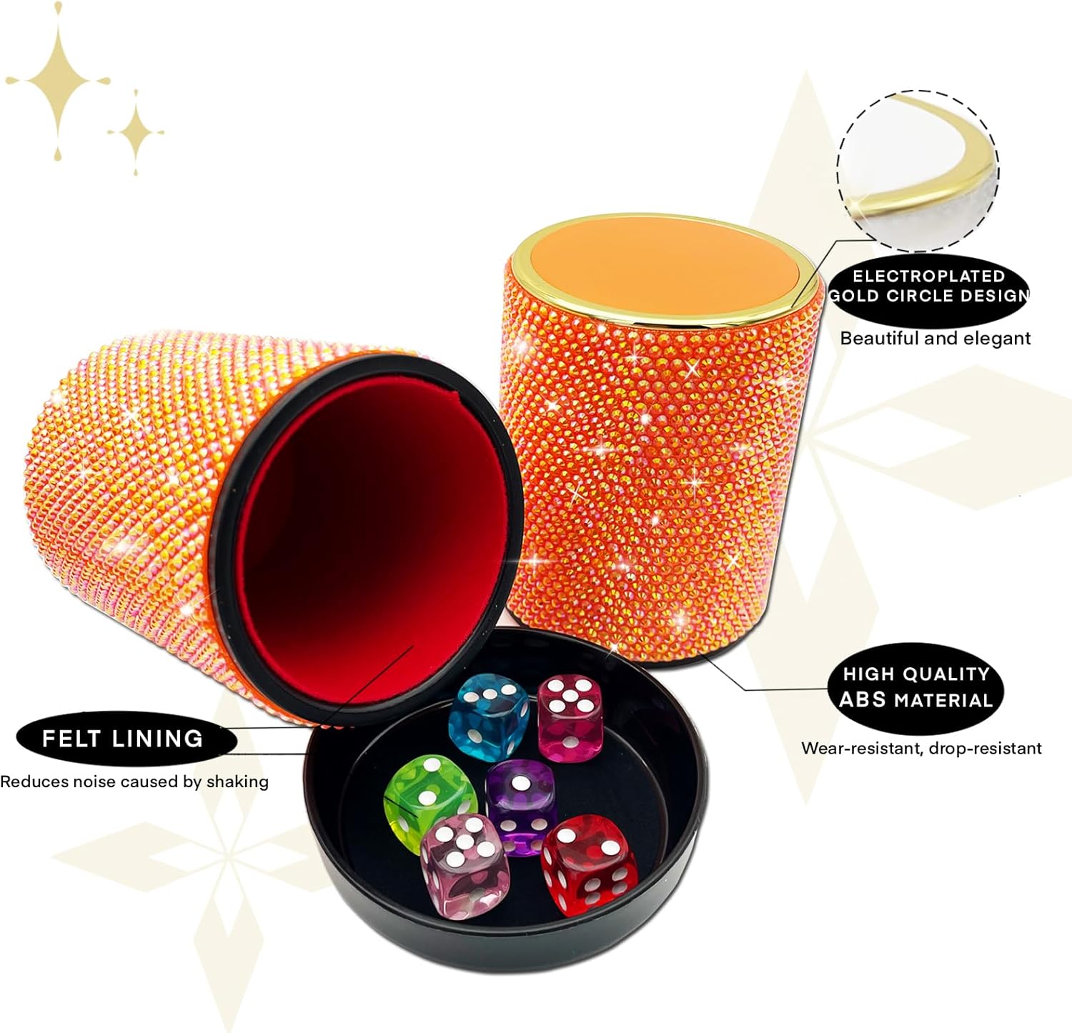 Bling Dice Cup Velvet Felt-Lined Quiet Shaker with Lid Includes 12 Dices Plastic Dice Cup Set for Bar Party Family Yahtzee Farkle Classic Dice Games (Orange)