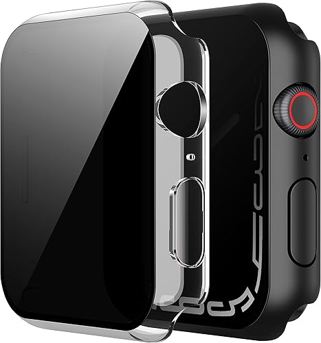 Misxi - Juego de 2 fundas de policarbonato con botón y protector de pantalla de vidrio templado anti-espía para Apple Watch series 9 (2023) series 8