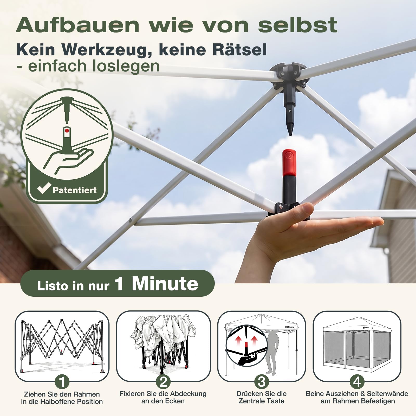 Sekey Pop Up Pavillon 3x3m Wasserdicht Stabil Winterfest mit moskitonetz, Höhenverstellbar Gartenpavillon mit 4 Seitenwänden, Faltpavillon 3x3 mit 4 Sandsäcke, (Grau-Insektenschutz)