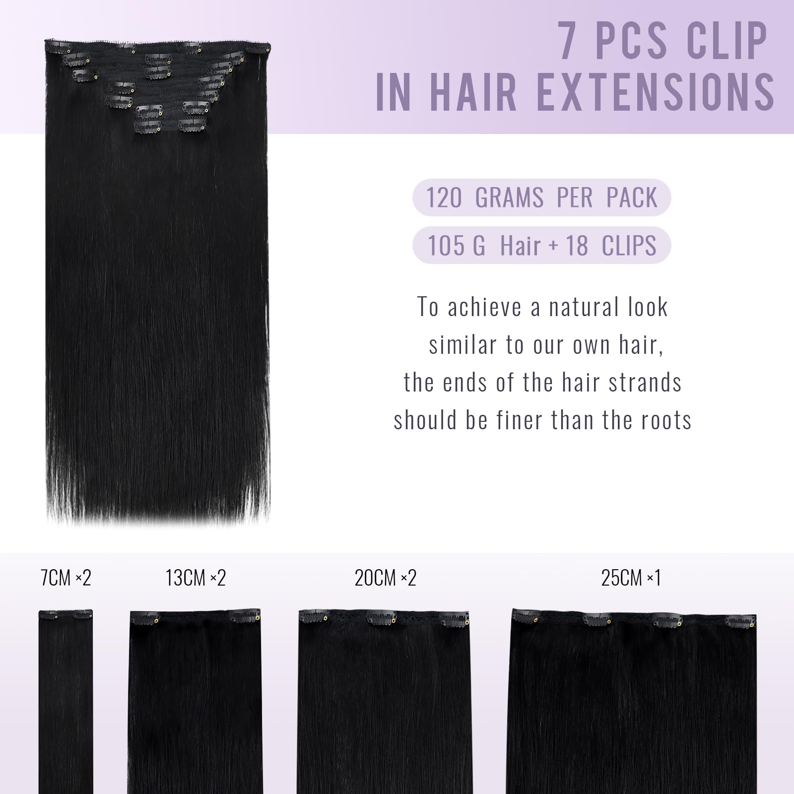 Fshine Clip Extension Capelli Veri 120g 35.5cm Extension Clip in Capelli Neri Extension Lisci Capelli Colore 1 Hair Extensions 7 Pezzi Double Weft Clip in Human Hair Extension - 4