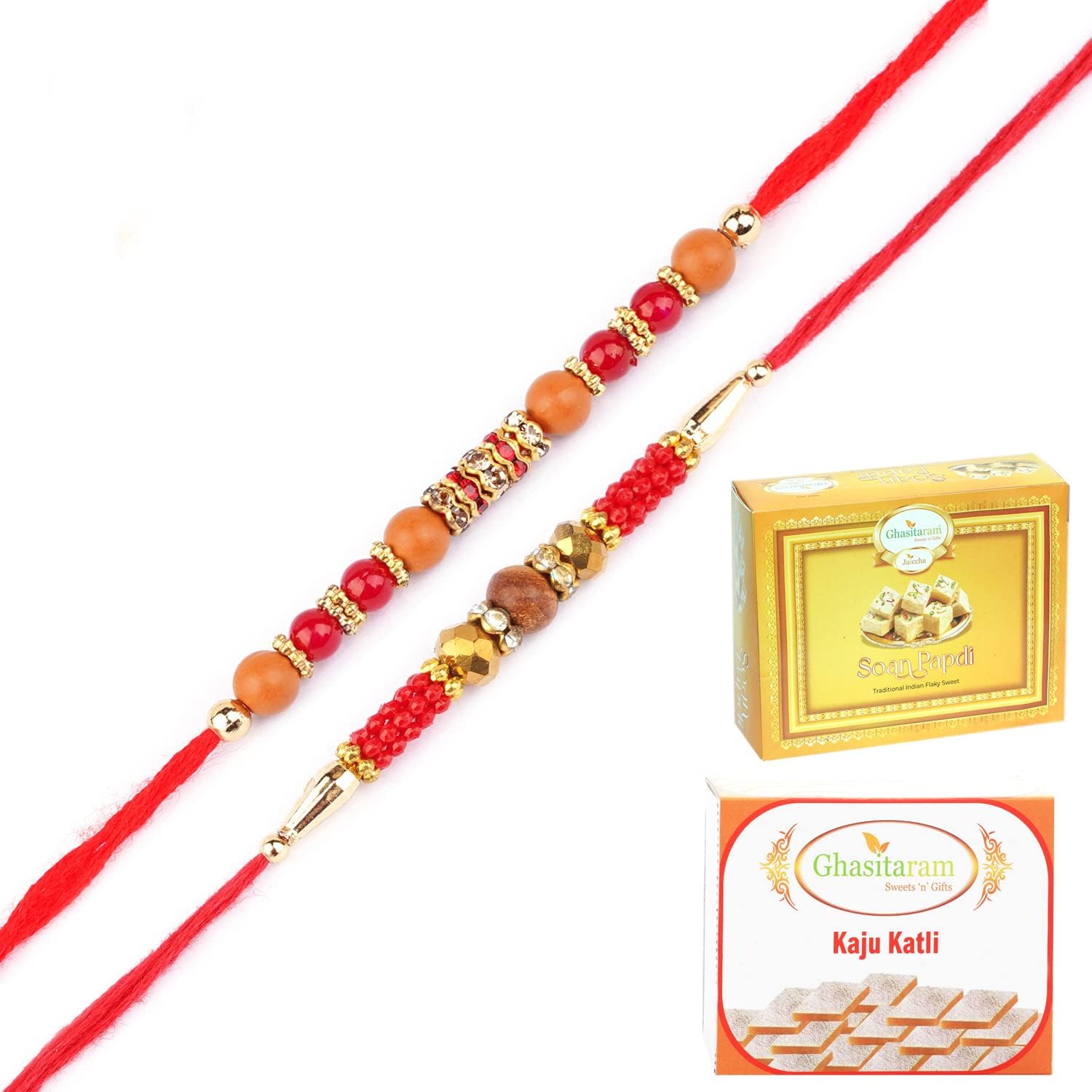 Ghasitaram Gifts Rakhi for Brother Rakhis Online - Set of 2- Nbh-226 and 6945 Rakhi Thread with 200 gms of Kaju katli and 200 gms of Soan Papdi