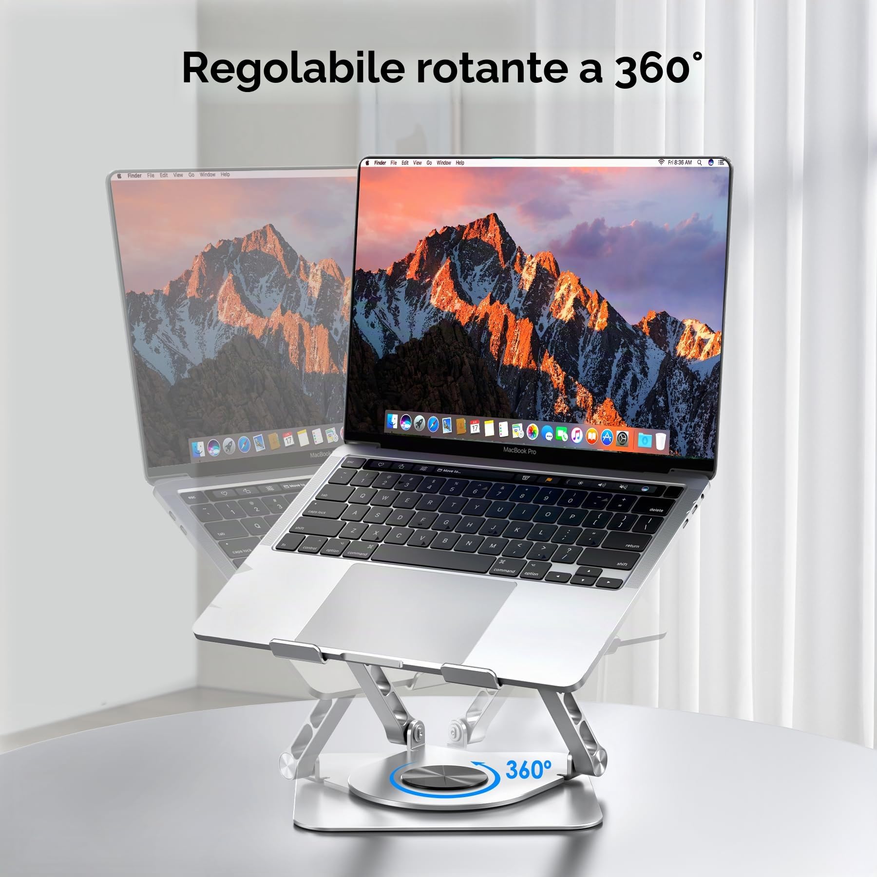 Supporto per laptop per scrivania, supporto regolabile con rotazione a 360 gradi, supporto pieghevole in alluminio compatibile con MacBook Air Pro, Dell XPS, HP Notebook (25,6-43,9 cm