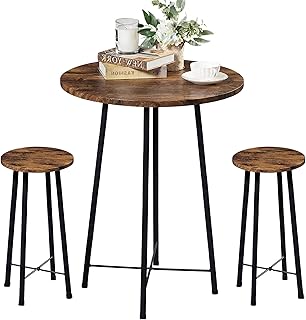 VECELO Small Bar Table and Chairs, Round Bistro Sets with 2 barstools, 3-Piece Pub Dining Furniture, Counter Height Wood T...