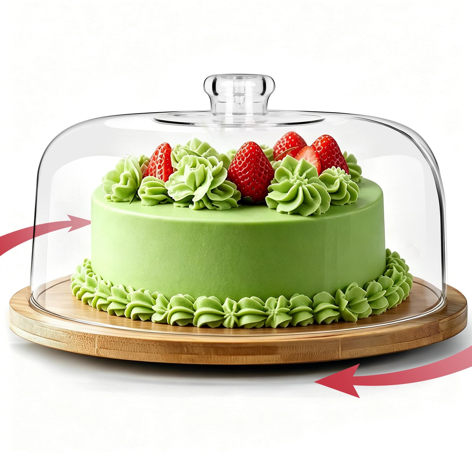 MASTERTOP Wooden Cake Stand with Lid, Rotating Cake Stand Plate with Clear Acrylic Dome Cover, Cake Dome Platter for Birthday, Wedding, Cake Display Tray