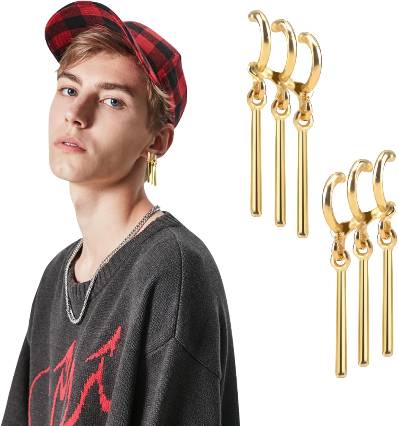 1 Pairs Gold Triple Earrings Clip with Single Ear Piercing for Women Men Cosplay & Anime Lovers, Anime Merch Jewelry Accessories for Daily Exhibition & Comic-Con Performance Cosplay Costumes