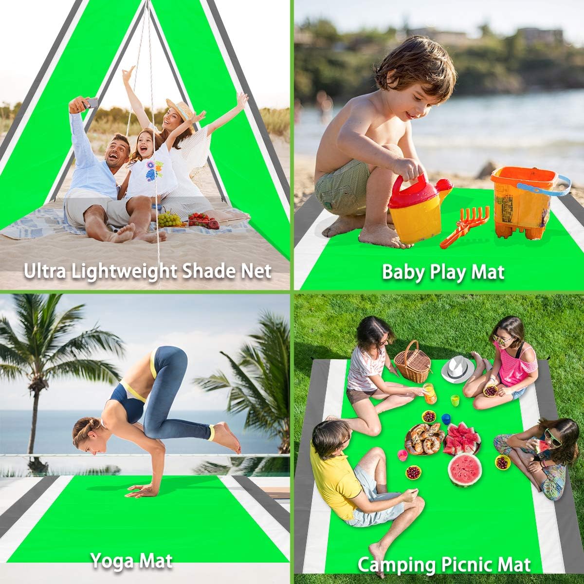 Libay Beach Blanket, Large Size 83"x78" Sandproof Picnic Blankets Waterproof Mat with 4 Stakes and 4 Corner Pockets, Lightweight & Durable for 4-7 Adults Travel Party Sports Camping Hiking (Green)