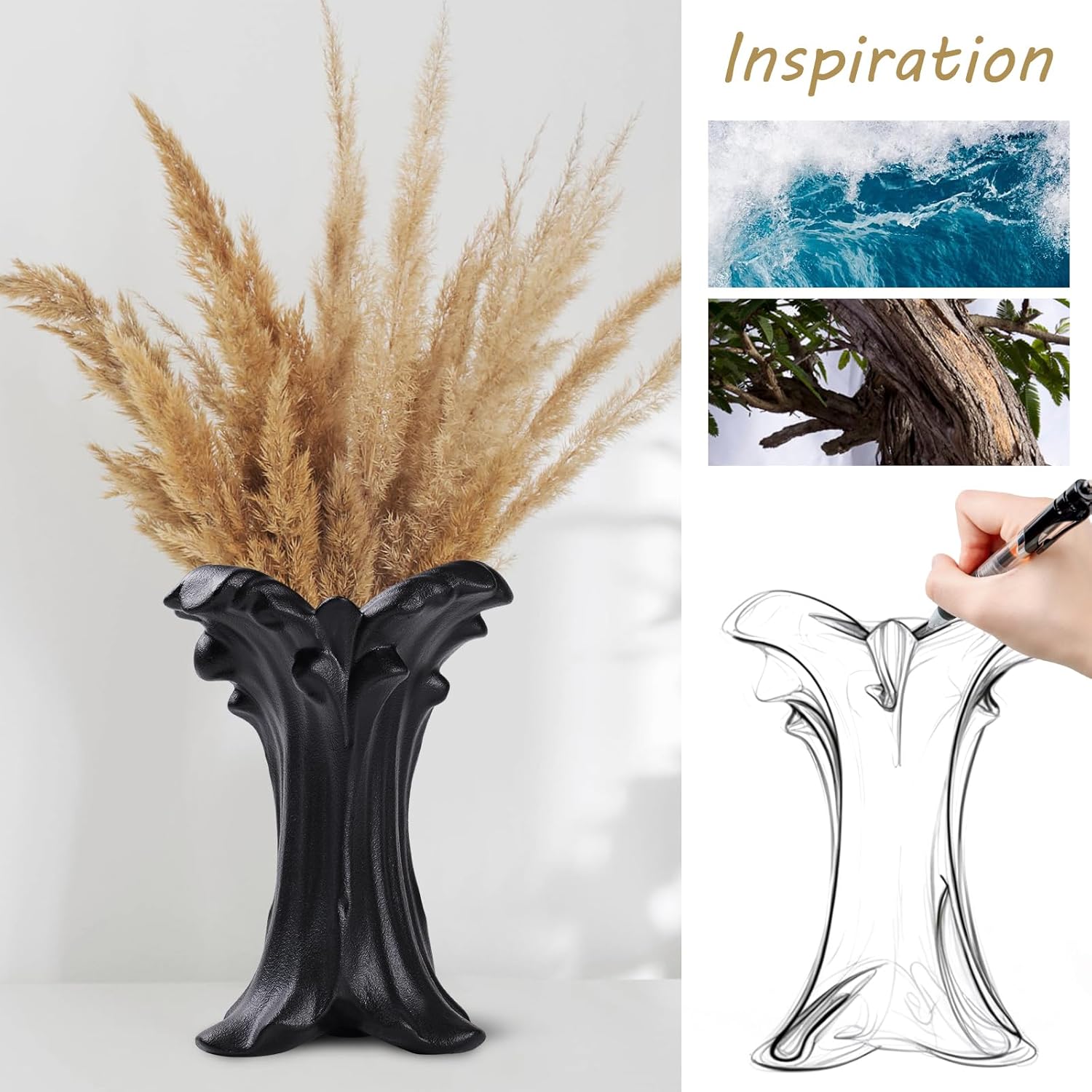 Black Ceramic Wave Vase for Modern Home Decor, Wave Design, White Vase for Table, Shelf, Living Room, Office, Scandinavian Art Vase (Black)