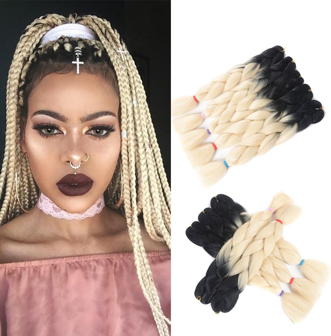 24" 5Pcs/Lot 100g/Pc Ombre Afro Jumbo Braid Hair Extensions High Temperature Kanekalon Synthetic Fiber for Twist Braiding Hair (Black613)