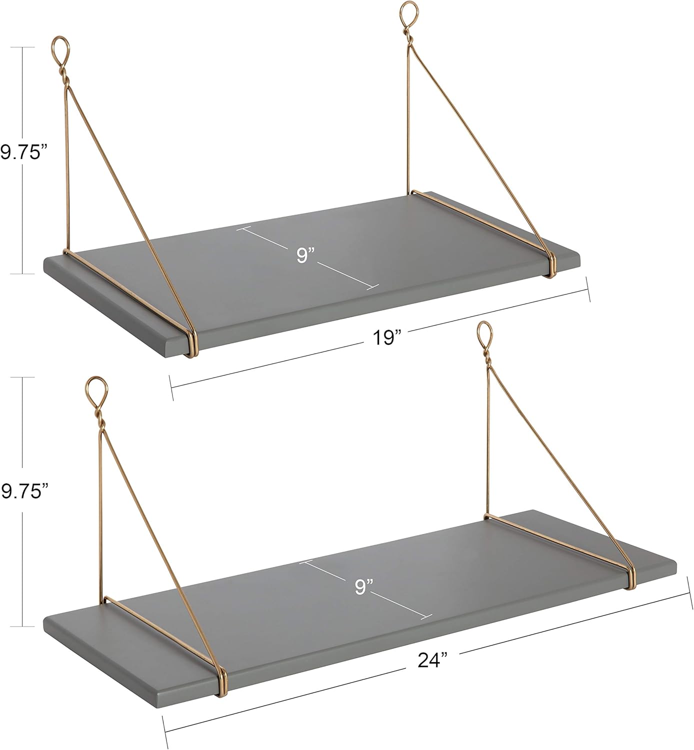 Kate and Laurel Vista Wood and Metal Wall Shelves, 2 Piece Set, Gray and Gold