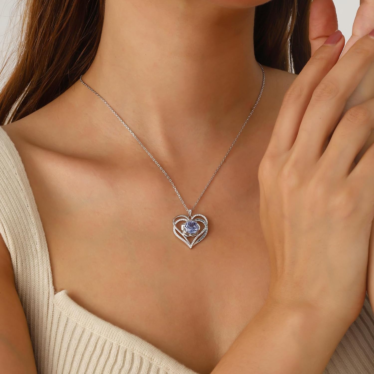 Aurora Tears Birthstone Love Heart Pendant Necklace - 925 Sterling Silver Rose Cut Cubic Zirconia I Love You Necklace Anniversary Birthday Jewelry Gift for Women Wife Mom Daughter - Image 6