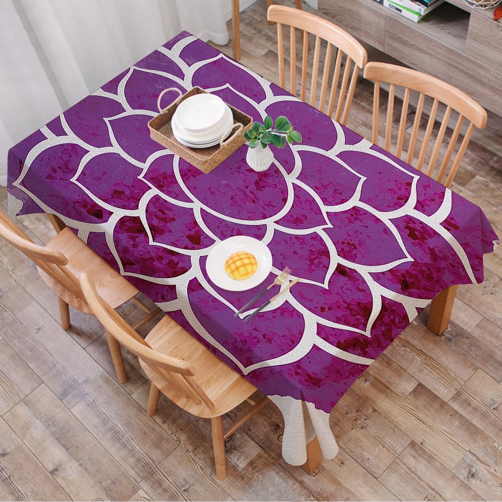 Dalexhm Round Purple Lotus Pattern With White Outlin - A10 Table Cloth Wipe Clean Rectangular, Wipeable Tablecloths,Dining Table Cover For Kitchen Outdoor Garden Table,Round Purple Lotus Pattern With White Outlines With A Soft Watercolor Mix,54X72 In