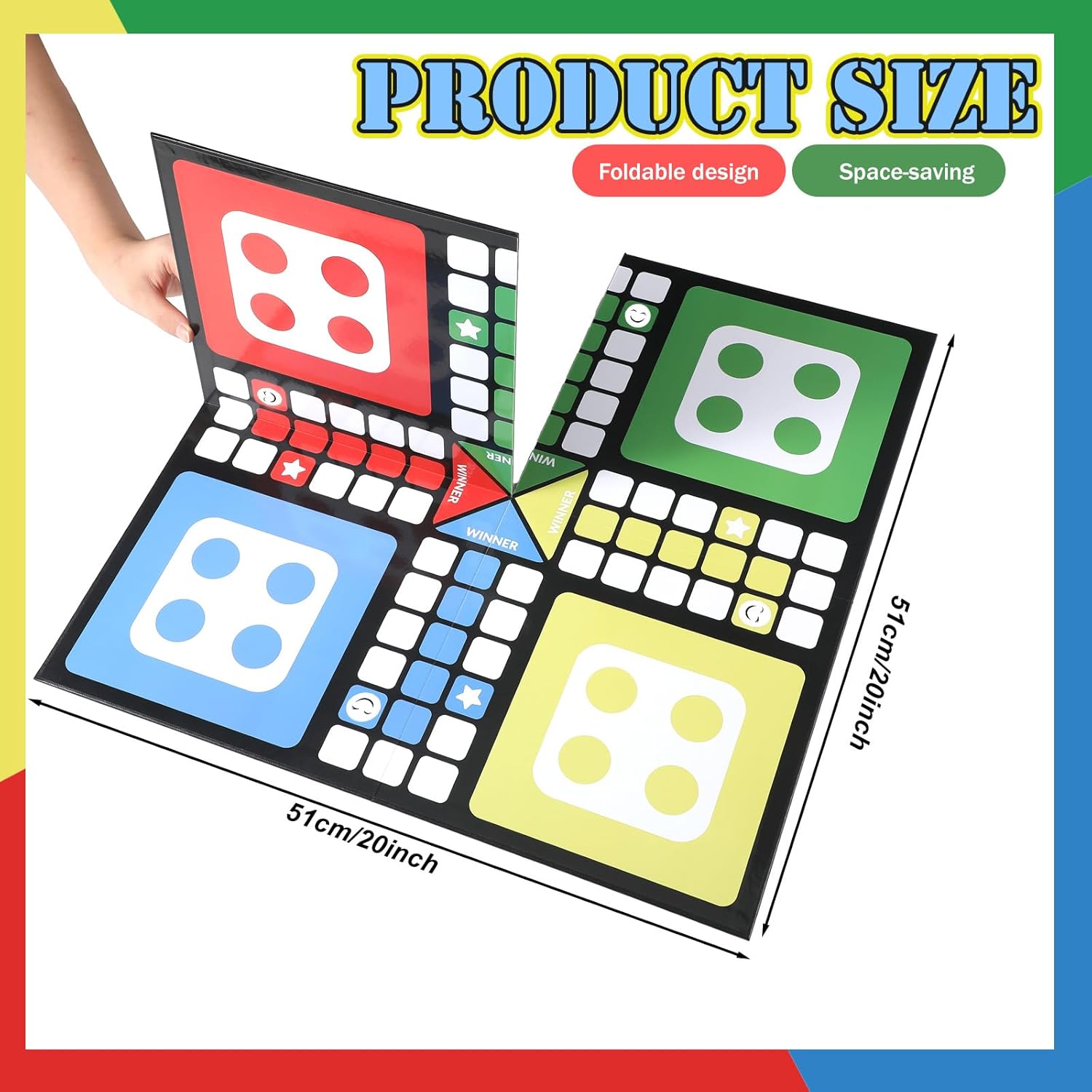 Soulchen Ludo Board Game Set Foldable Game Board with 16 Colorful Pawns, Dice Cup, 2 Dice & Storage Box Family for Travel, Party Events or Family Gatherings